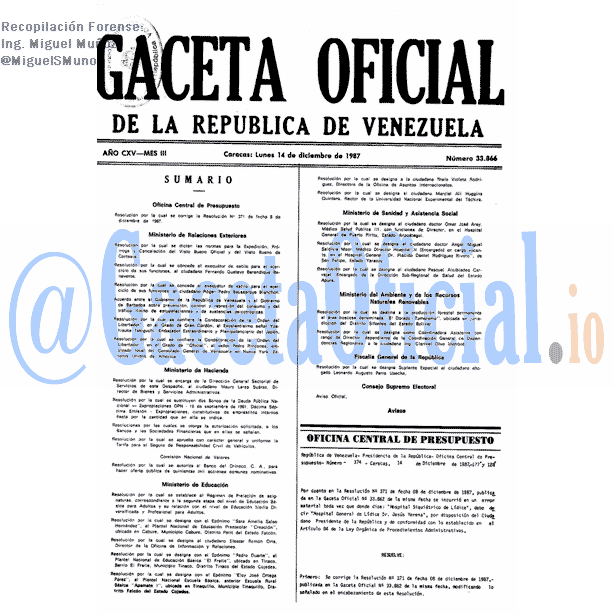 Gaceta Oficial 33866 del 14 Diciembre 1987