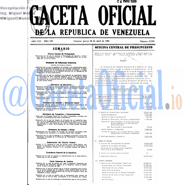 Gaceta Oficial 33954 del 28 Abril 1988