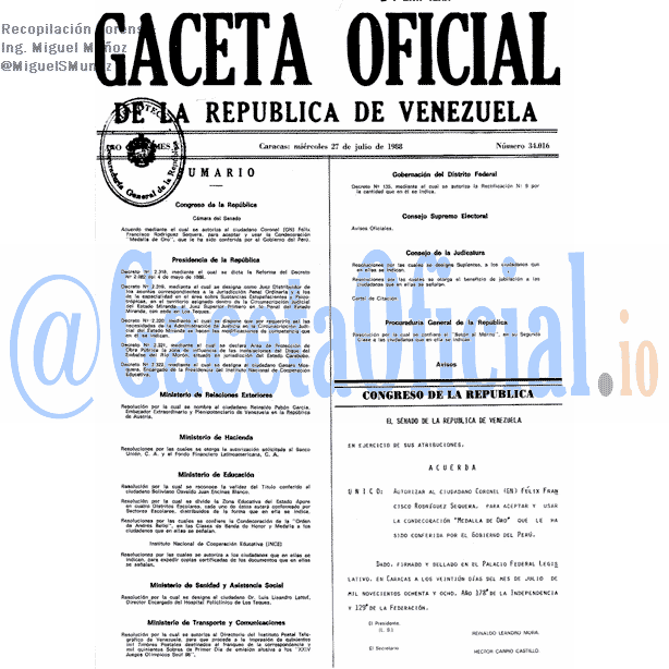 Gaceta Oficial 34016 del 27 Julio 1988
