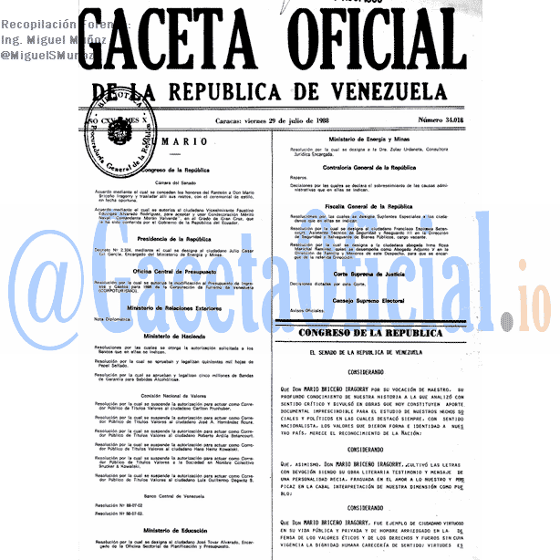 Gaceta Oficial 34018 del 29 Julio 1988