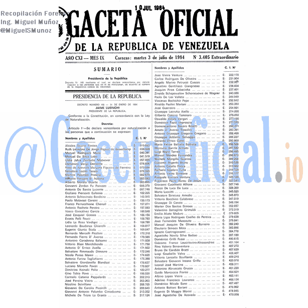 Gaceta Oficial 3405 del 3 Julio 1984