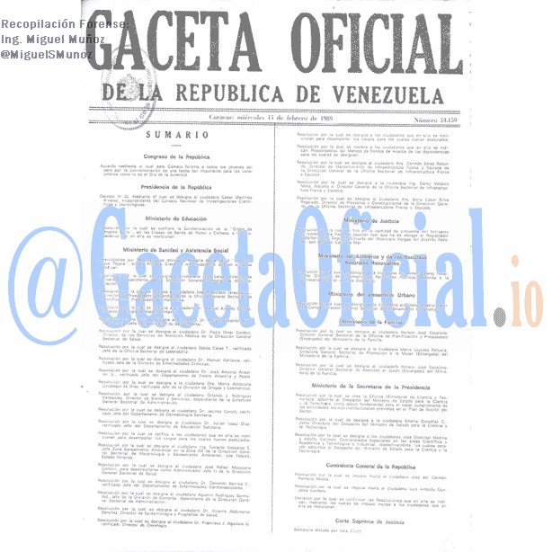 Gaceta Oficial 34159 del 15 Febrero 1989