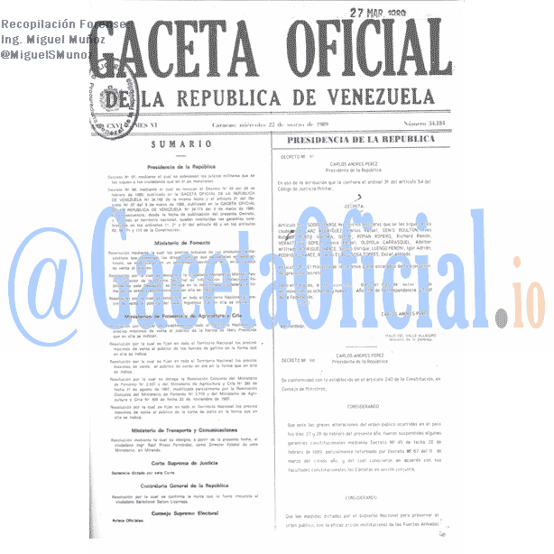 Gaceta Oficial 34184 del 22 Marzo 1989