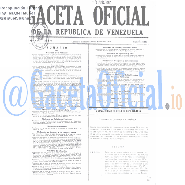 Gaceta Oficial 34187 del 29 Marzo 1989