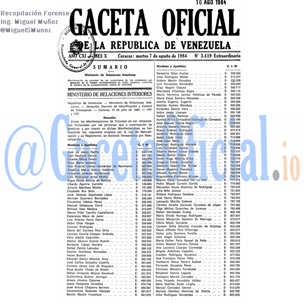 Gaceta Oficial 3419 del 7 Agosto 1984
