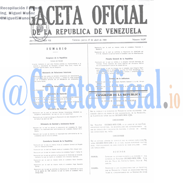Gaceta Oficial 34207 del 27 Abril 1989