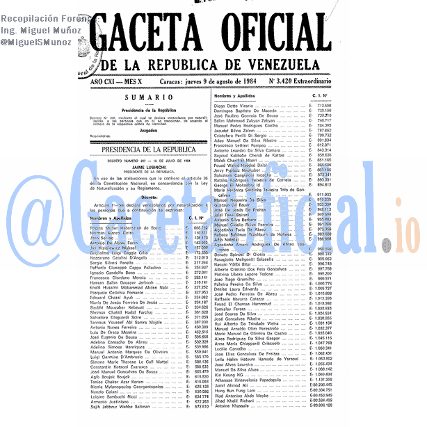 Gaceta Oficial 3420 del 9 Agosto 1984