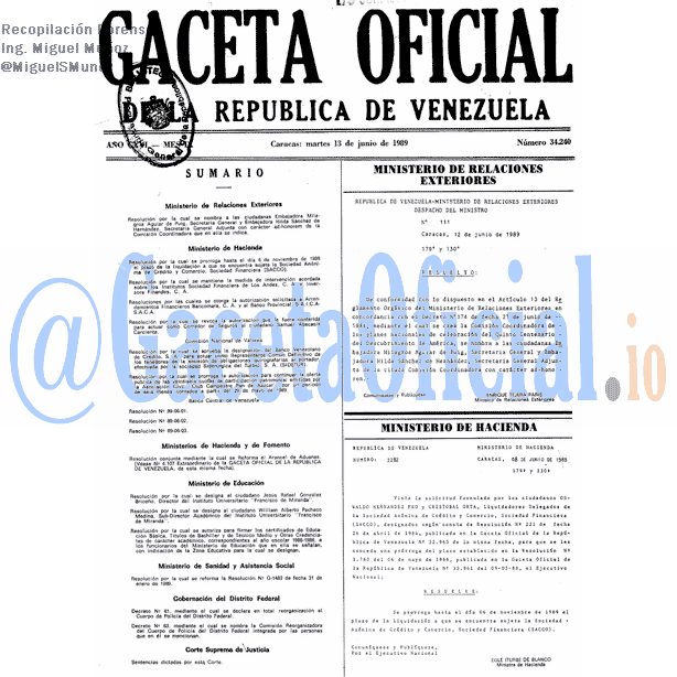 Gaceta Oficial 34240 del 13 Junio 1989