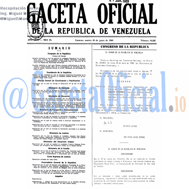 Gaceta Oficial 34245 del 20 Junio 1989