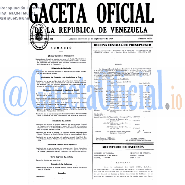 Gaceta Oficial 34314 del 27 Septiembre 1989