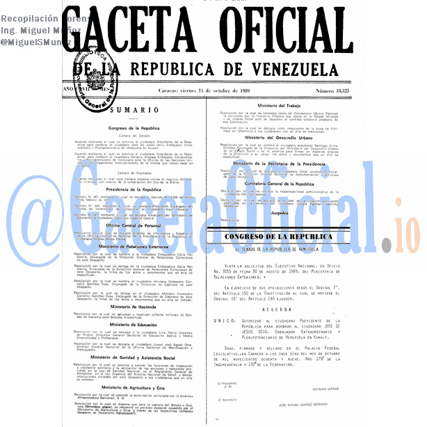 Gaceta Oficial 34325 del 13 Octubre 1989