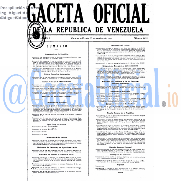 Gaceta Oficial 34332 del 25 Octubre 1989