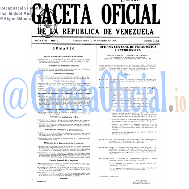 Gaceta Oficial 34351 del 21 Noviembre 1989