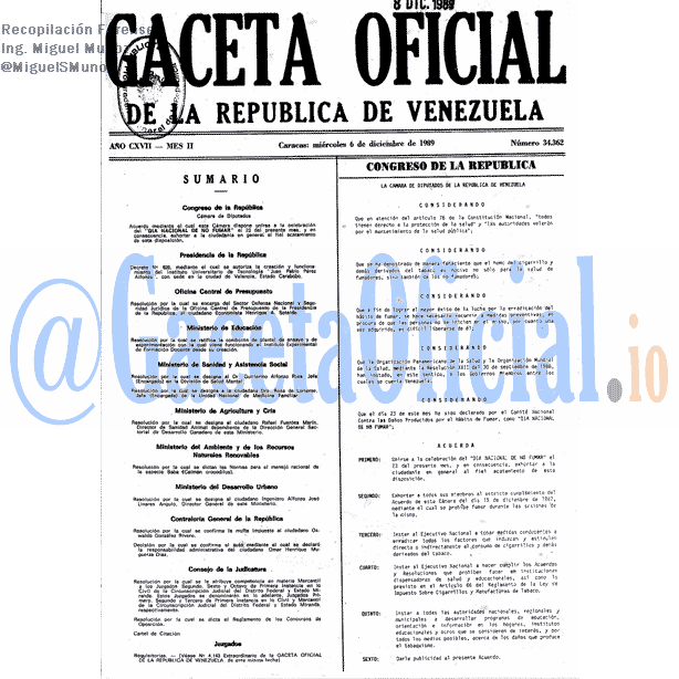 Gaceta Oficial 34362 del 6 Diciembre 1989