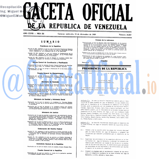 Gaceta Oficial 34367 del 13 Diciembre 1989