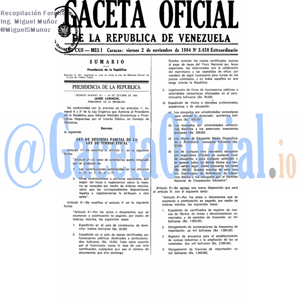 Gaceta Oficial 3458 del 2 Noviembre 1984