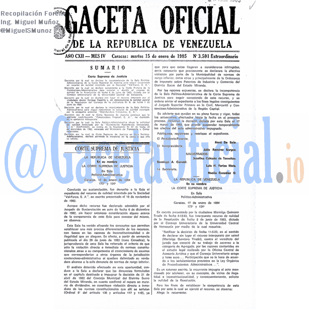 Gaceta Oficial 3501 del 15 Enero 1985