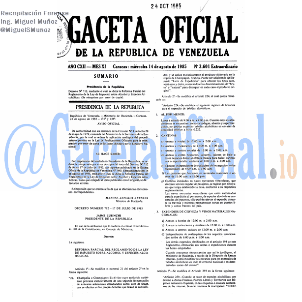 Gaceta Oficial 3601 del 14 Agosto 1985