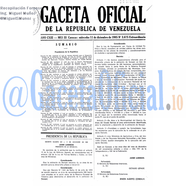 Gaceta Oficial 3675 del 11 Diciembre 1985