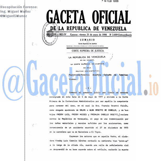 Gaceta Oficial 3689 del 31 Enero 1986