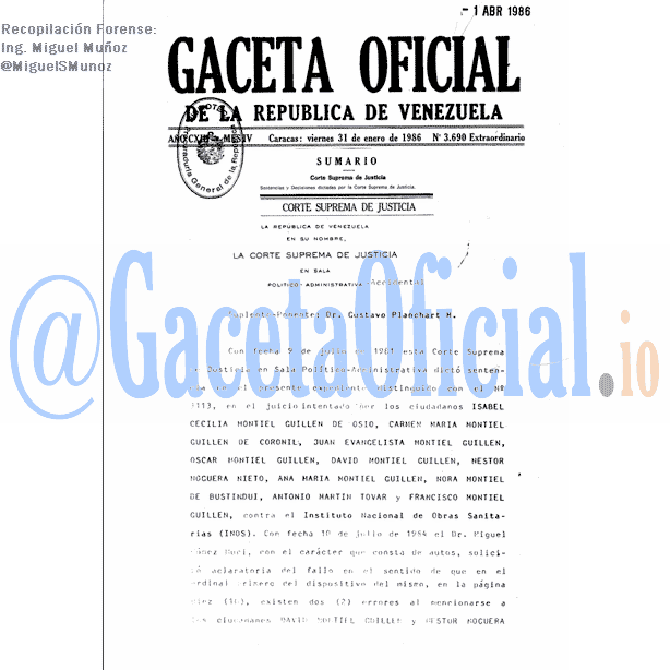 Gaceta Oficial 3690 del 31 Enero 1986