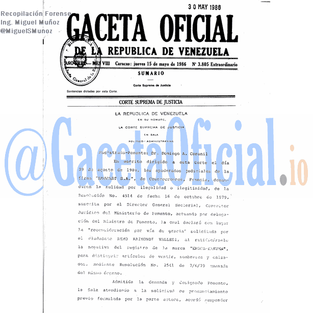Gaceta Oficial 3805 del 15 Mayo 1986