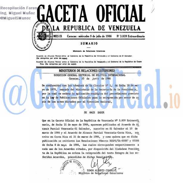 Gaceta Oficial 3839 del 9 Julio 1986