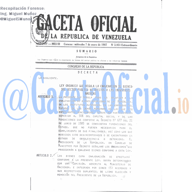 Gaceta Oficial 3951 del 7 Enero 1987