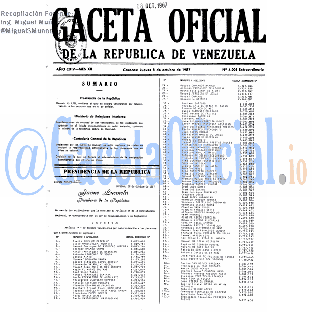 Gaceta Oficial 4005 del 8 Octubre 1987