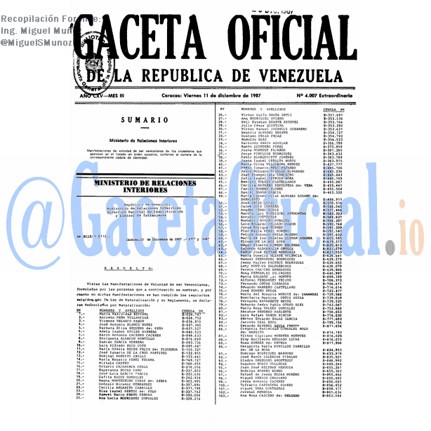 Gaceta Oficial 4007 del 11 Diciembre 1987