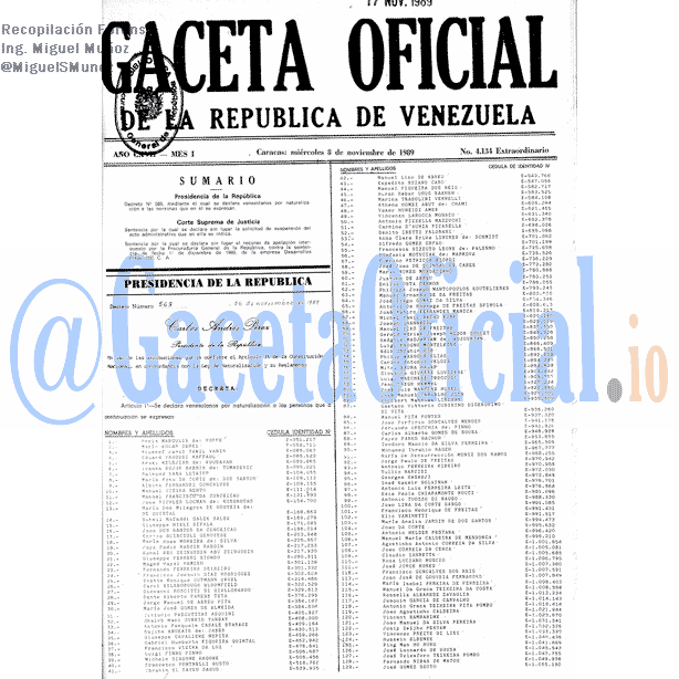 Gaceta Oficial 4134 del 8 Noviembre 1989