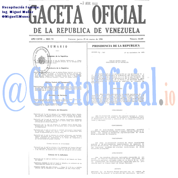 Gaceta Oficial 34439 del 29 Marzo 1990