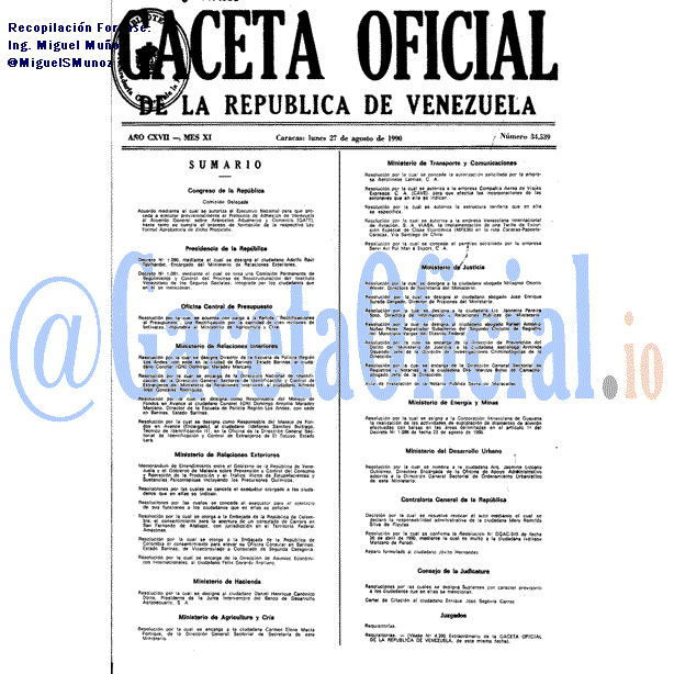 Gaceta Oficial 34539 del 27 Agosto 1990