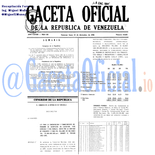 Gaceta Oficial 34625 del 31 Diciembre 1990