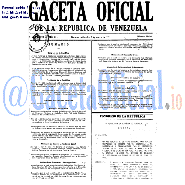 Gaceta Oficial 34626 del 2 Enero 1991