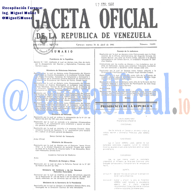 Gaceta Oficial 34695 del 16 Abril 1991