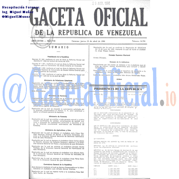 Gaceta Oficial 34701 del 25 Abril 1991