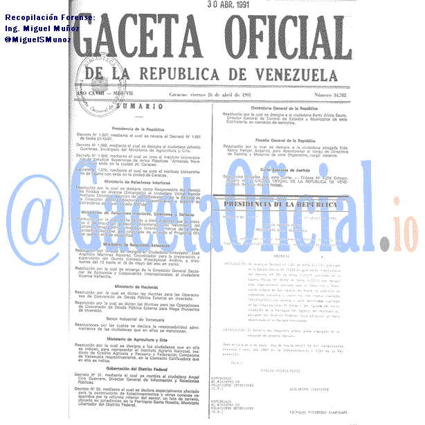 Gaceta Oficial 34702 del 26 Abril 1991