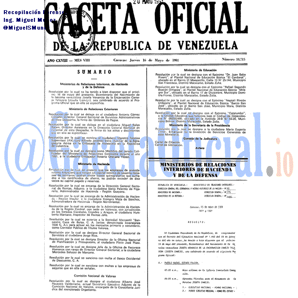 Gaceta Oficial 34715 del 16 Mayo 1991