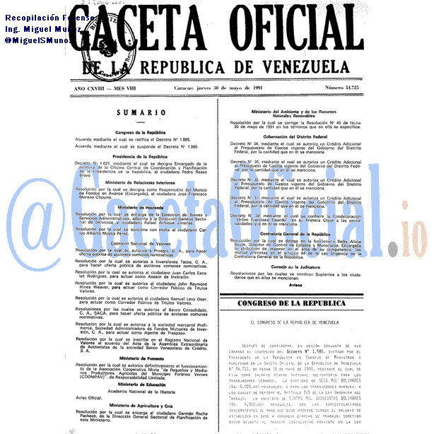 Gaceta Oficial 34725 del 30 Mayo 1991