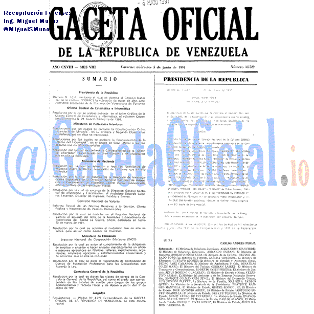 Gaceta Oficial 34729 del 5 Junio 1991