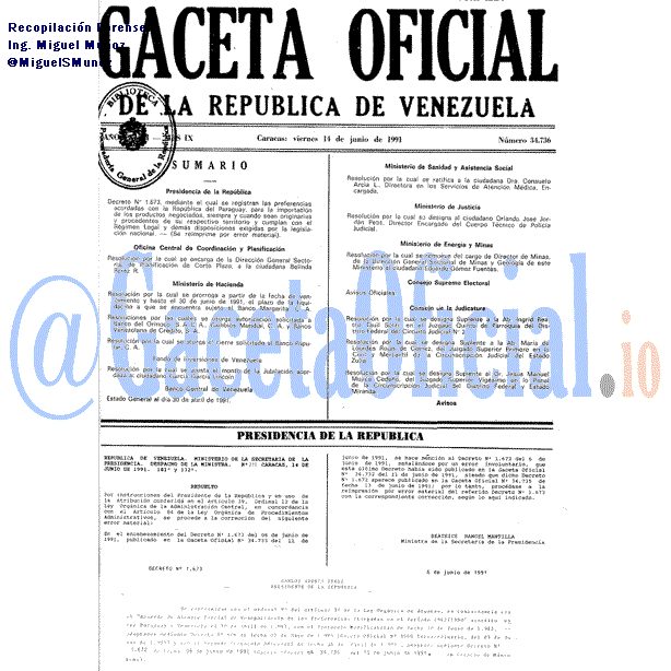 Gaceta Oficial 34736 del 14 Junio 1991