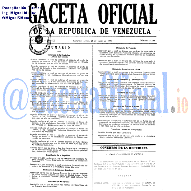 Gaceta Oficial 34741 del 21 Junio 1991