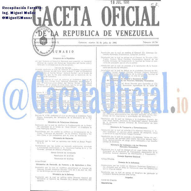 Gaceta Oficial 34756 del 16 Julio 1991