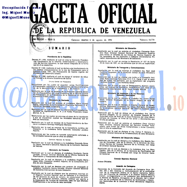 Gaceta Oficial 34770 del 6 Agosto 1991