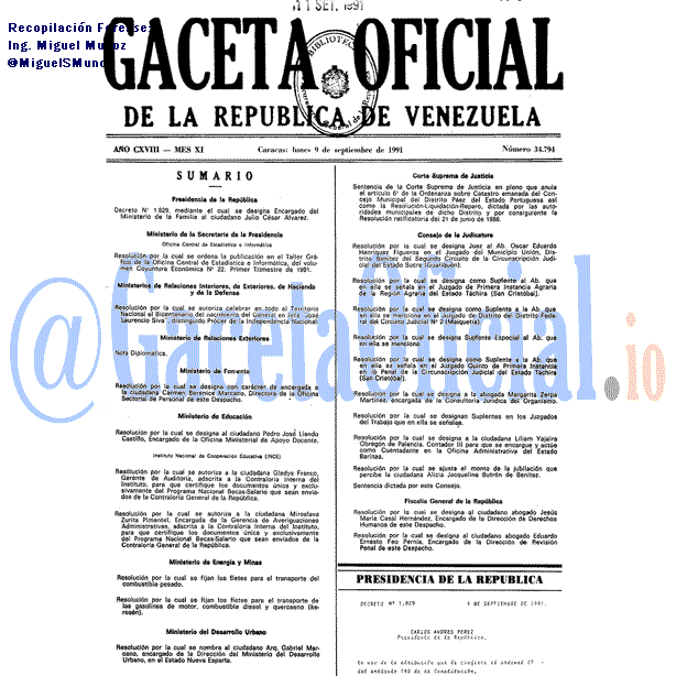 Gaceta Oficial 34794 del 9 Septiembre 1991