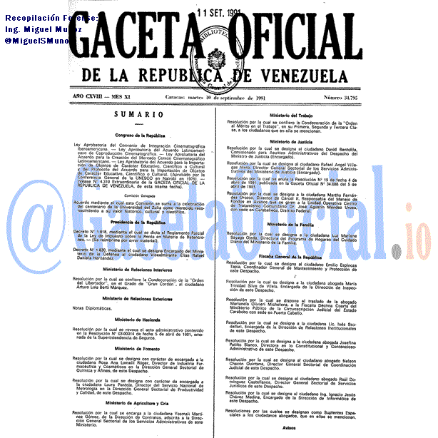 Gaceta Oficial 34795 del 10 Septiembre 1991