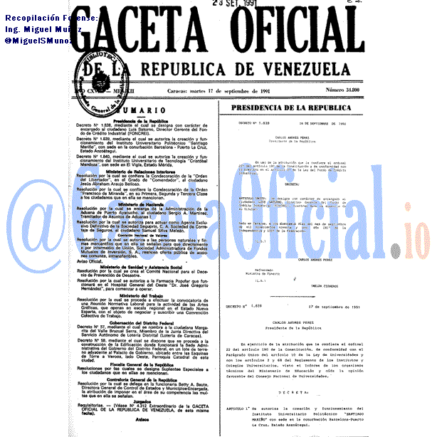 Gaceta Oficial 34800 del 17 Septiembre 1991