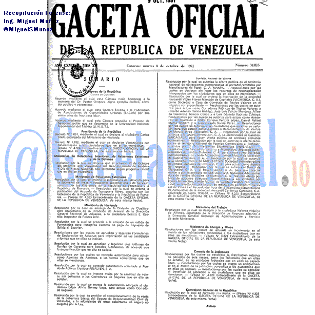 Gaceta Oficial 34815 del 8 Octubre 1991