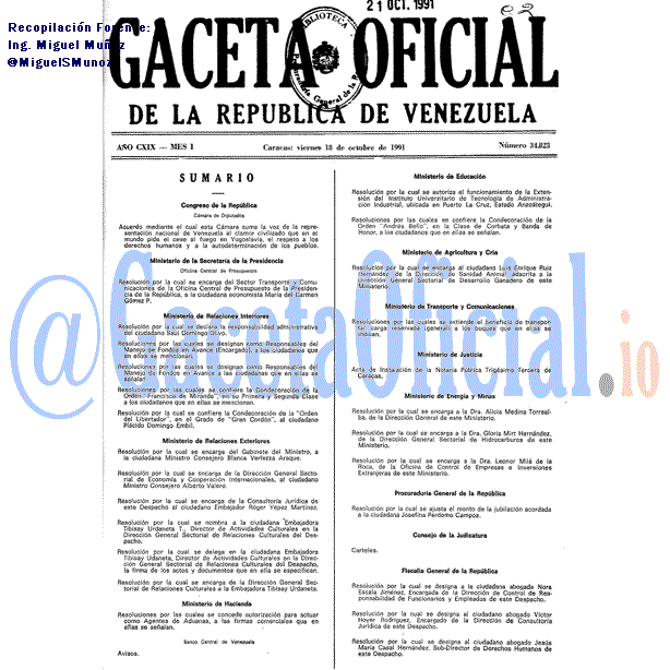 Gaceta Oficial 34823 del 18 Octubre 1991